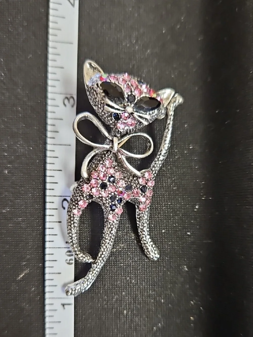 Silver-tone Pink Crystal Cat Brooch with Bow